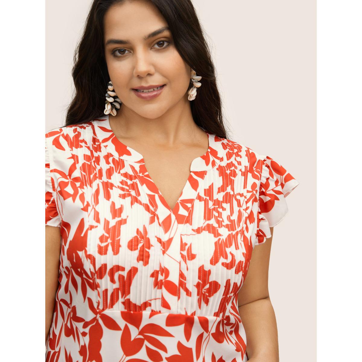 Plus Size OrangeRed Silhouette Floral Print Notched Collar Pleated Blouse Women Resort Cap Sleeve Notched collar Vacation Blouses BloomChic 12/L Product Image