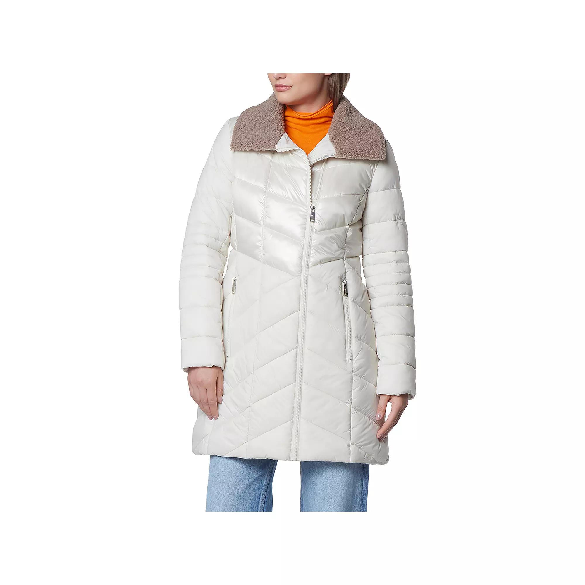 Women's Andrew Marc Marc New York Chevron Quilted Asymmetrical Puffer Coat, Size: Medium, Blue Product Image