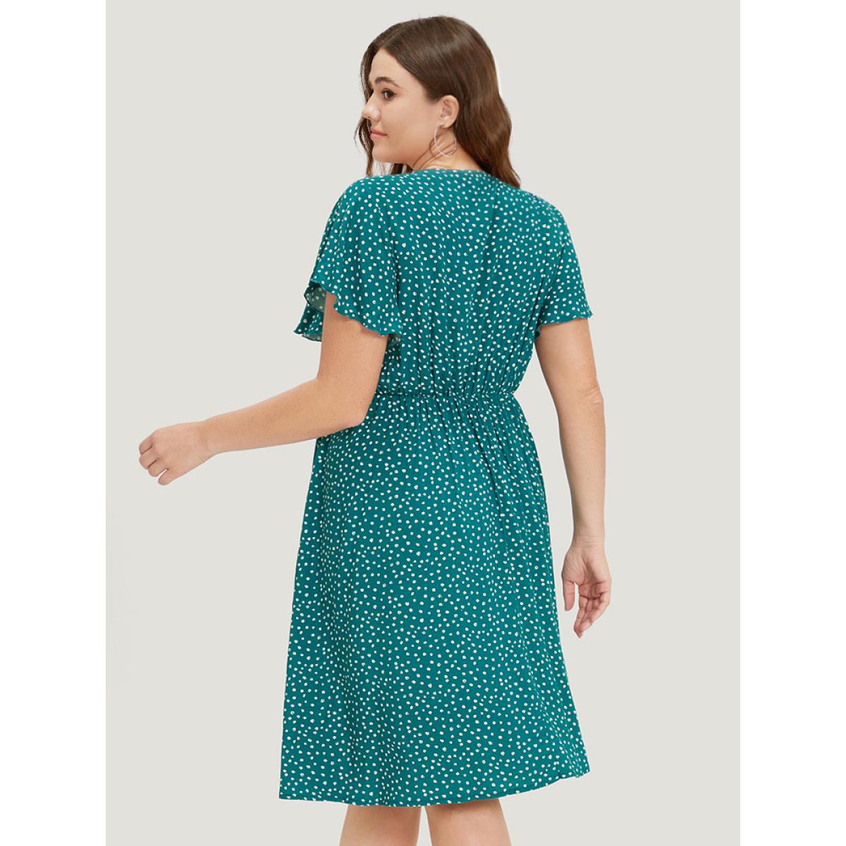 Plus Size Polka Dot Ties Wrap Hem Ruffle Cap Sleeve Dress Emerald Women Elegant Cross straps V-neck Cap Sleeve Curvy Knee Dress BloomChic 14-16/1X Product Image