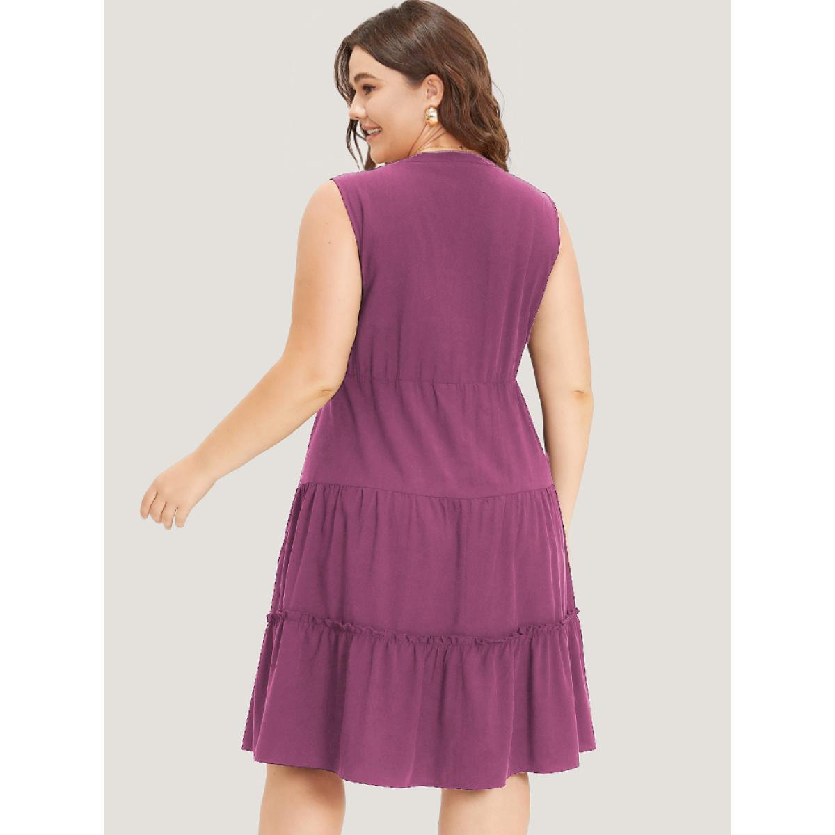 Plus Size Supersoft Essentials Notched Ruffle Layered Hem Sleeveless Dress RedViolet Women Elegant Gathered V-neck Sleeveless Curvy Midi Dress BloomChic 26/4X Product Image