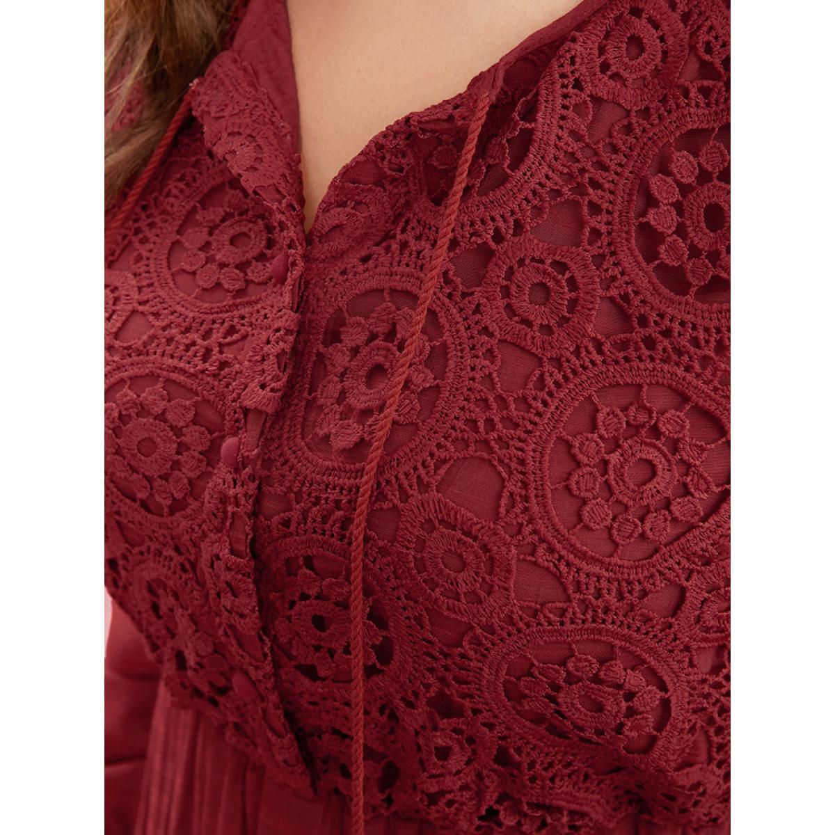 Plus Size Solid Lace Button Up Tie Neck Lantern Sleeve Pocket Flutter Dress Burgundy Women Elegant Patchwork Round Neck Long Sleeve Curvy Midi Dress BloomChic 28/5X Product Image