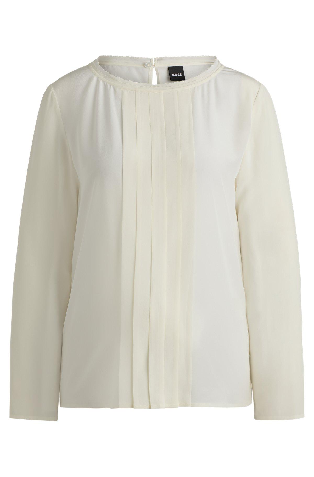 BOSS - Long-sleeved blouse in washed silk with pleated front - White Product Image