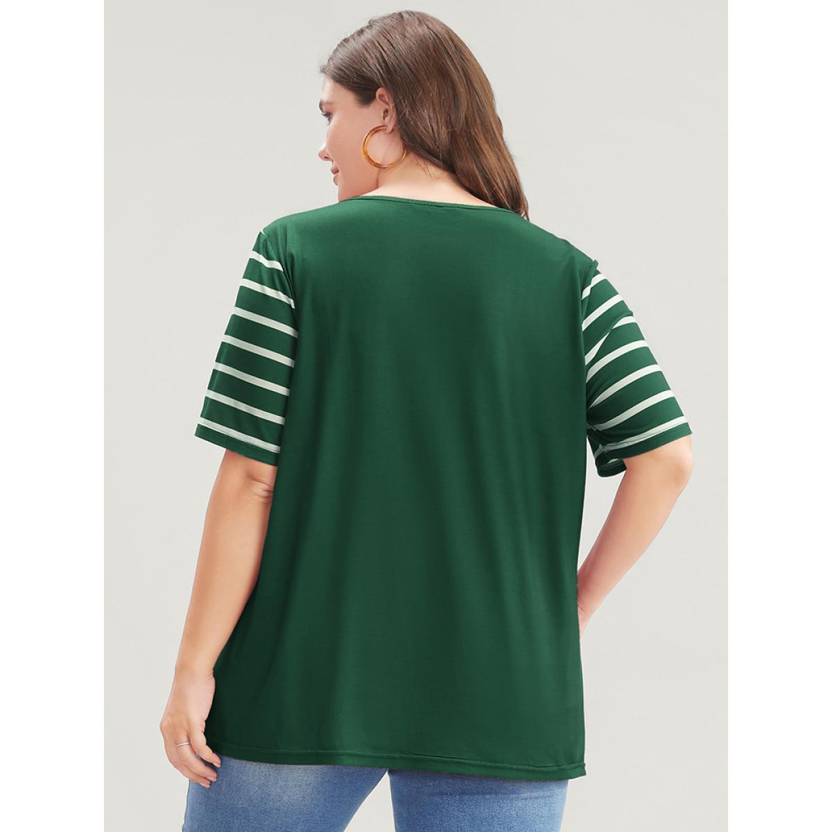 Plus Size Striped Contrast Round Neck T-shirt DarkGreen Women Casual Striped Round Neck Dailywear T-shirts BloomChic 28/5X Product Image
