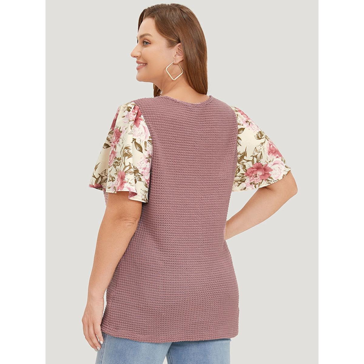 Plus Size Waffle Knit Pacthwork Flutter Sleeve T-shirt DustyPink Women Elegant Patchwork Floral V-neck Dailywear T-shirts BloomChic 10/M Product Image