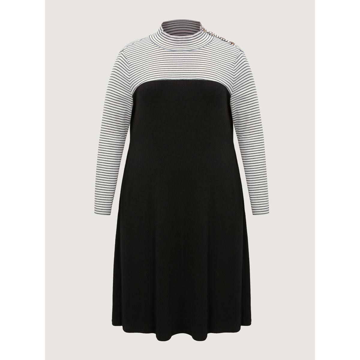 Plus Size Layered Keep it Casual Stripe Midi Dress Black Women Leisure Texture Turtleneck Extra Long Sleeve Curvy BloomChic 30/6X Product Image