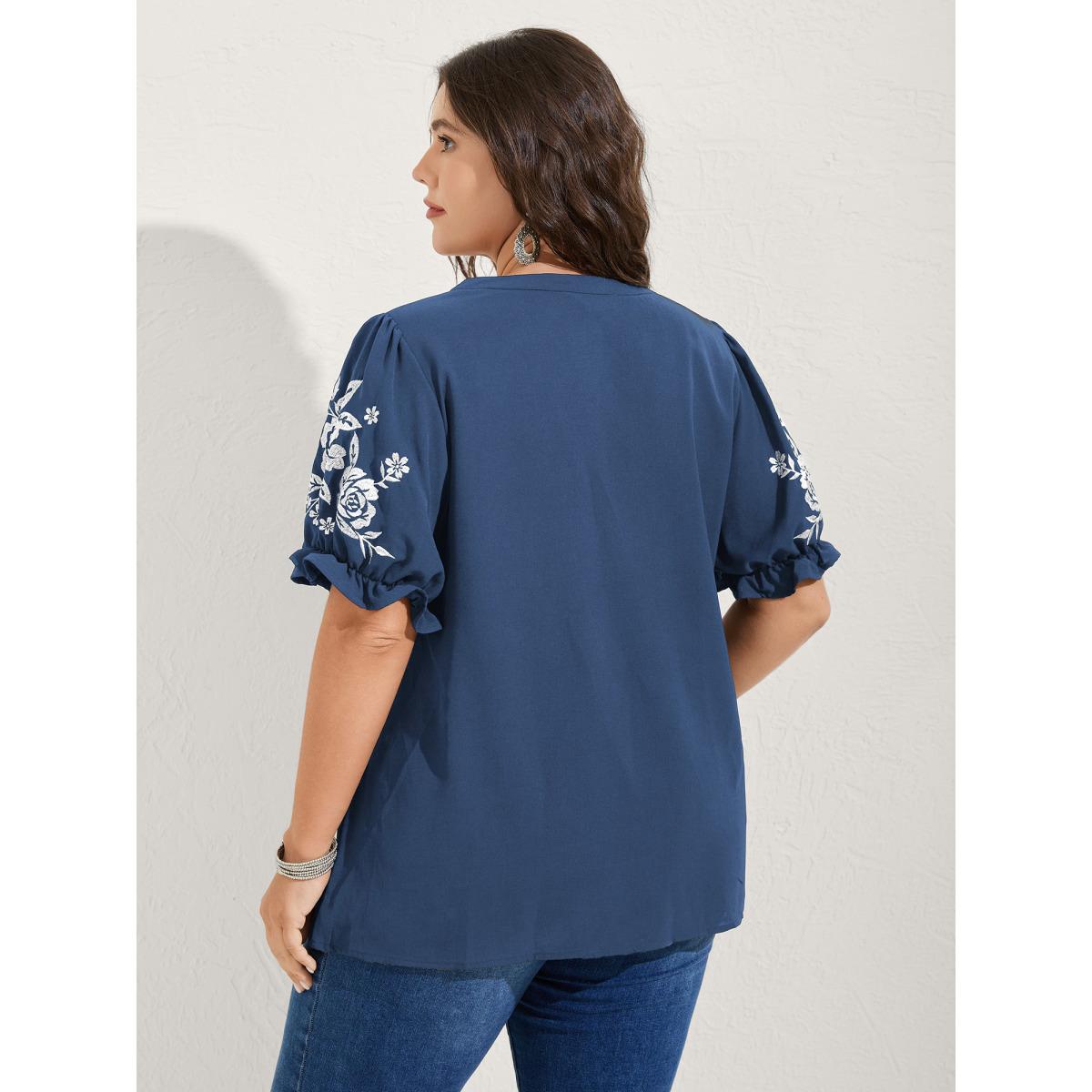 Plus Size Mediumblue Notched Collar Embroidered Ruffled Blouse Women Half Sleeve Flat collar with V-notch Everyday-Elegant Blouses BloomChic 26/4X Product Image