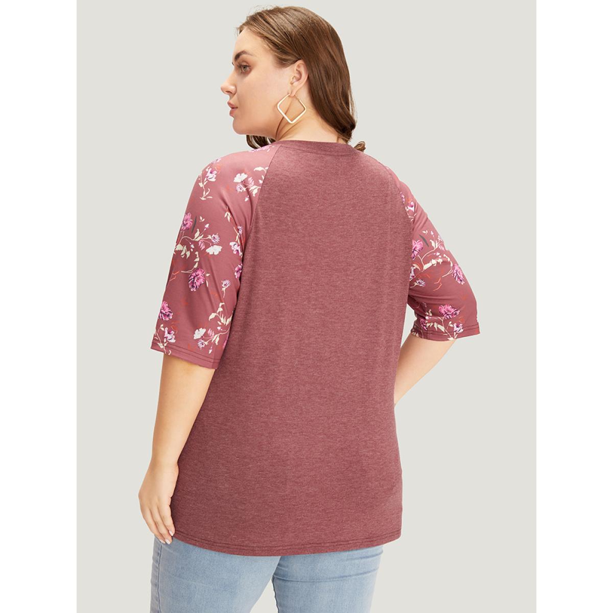 Plus Size Floral Patchwork Raglan Sleeve T-shirt Russet Women Elegant Patchwork Floral V-neck Work T-shirts BloomChic 26/4X Product Image