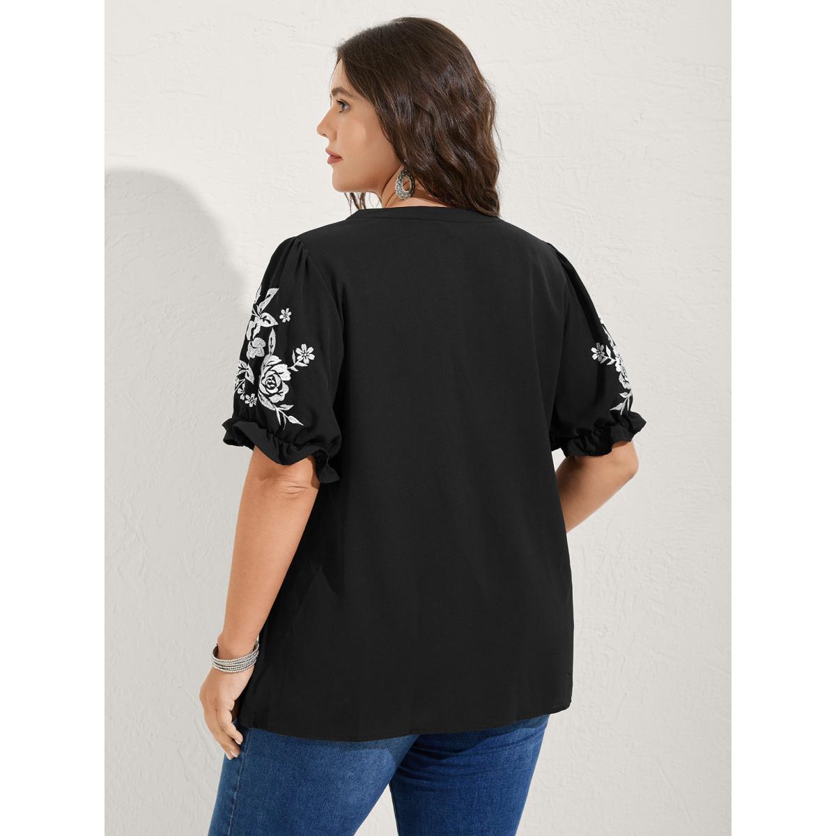 Plus Size Black Notched Collar Embroidered Ruffled Blouse Women Boho Half Sleeve Flat collar with V-notch Vacation Blouses BloomChic 26/4X Product Image