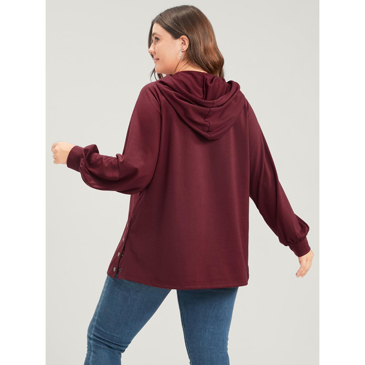 Plus Size Solid Button Side Drop Shoulder Hooded Sweatshirt Women Scarlet Casual Button Hooded Dailywear Sweatshirts BloomChic 18-20/2X Product Image