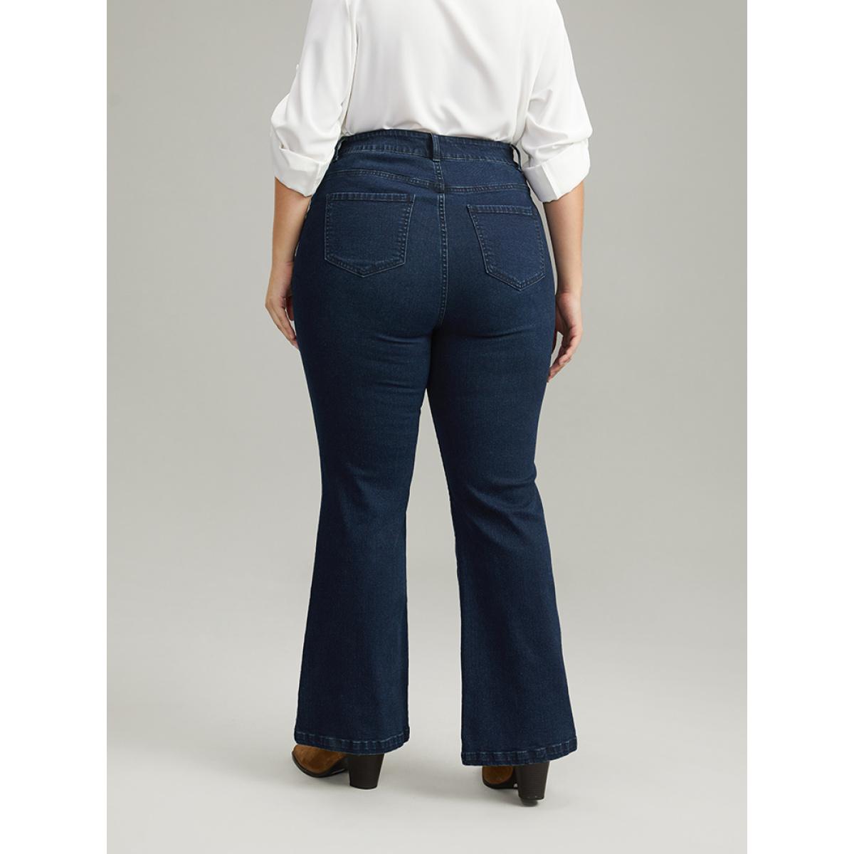 Plus Size Plain Button Detail Flare Leg Full Length Jeans Women Indigo Casual Plain Plain High stretch Pocket Jeans BloomChic 30/6X Product Image