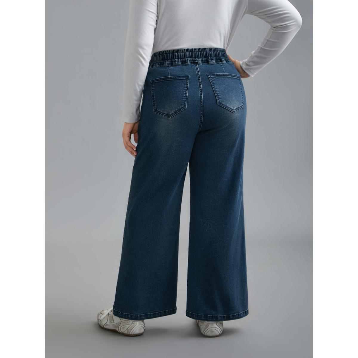 Plus Size Drawstring Stretchy Waist Pocket Jeans Women Denimindigo Casual Drawstring Medium stretch Slanted pocket Jeans BloomChic 18/2X Product Image