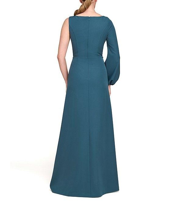 Kay Unger Iliana Stretch Crepe Bateau One Shoulder Bishop Sleeve Pleated A-Line Gown Product Image
