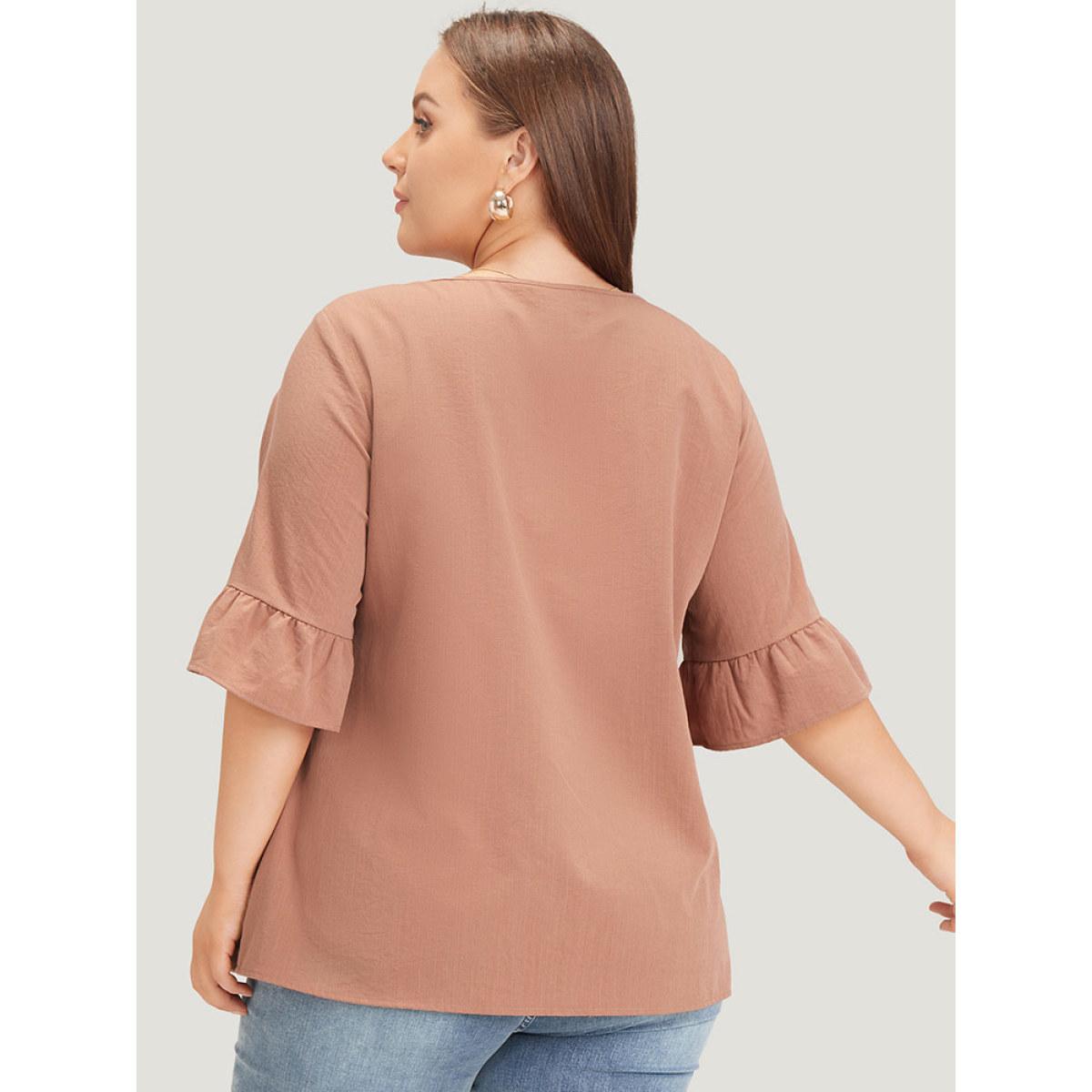 Plus Size Rouge Solid Bell Sleeve Ruffle Layered Blouse Women Elegant Half Sleeve Round Neck Dailywear Blouses BloomChic 10/M Product Image