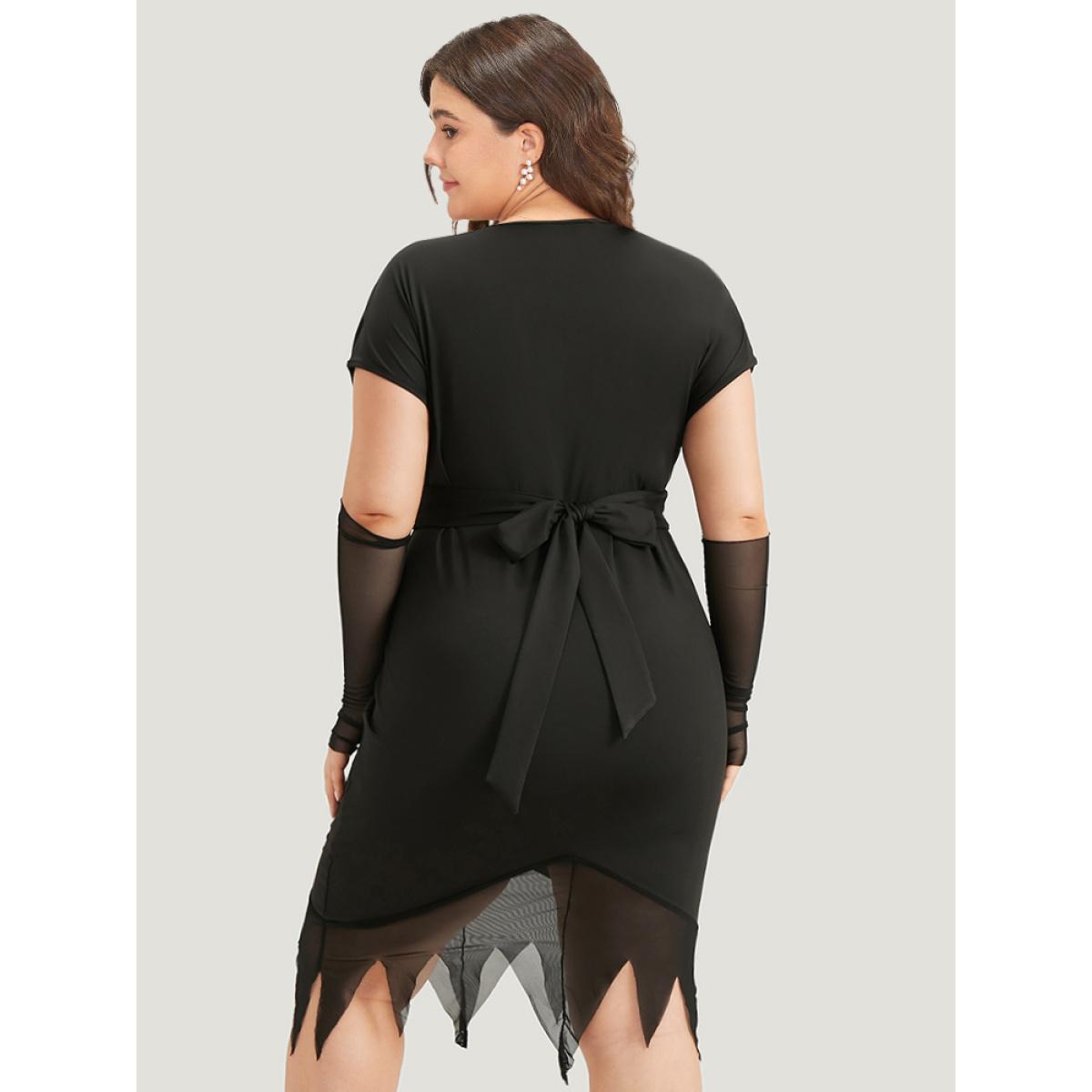 Plus Size Halloween Solid Mermaid Hem Mesh Bowknot Dress Black Women Casual Plain V-neck Sleeveless Curvy Knee Dress BloomChic 22-24/3X Product Image