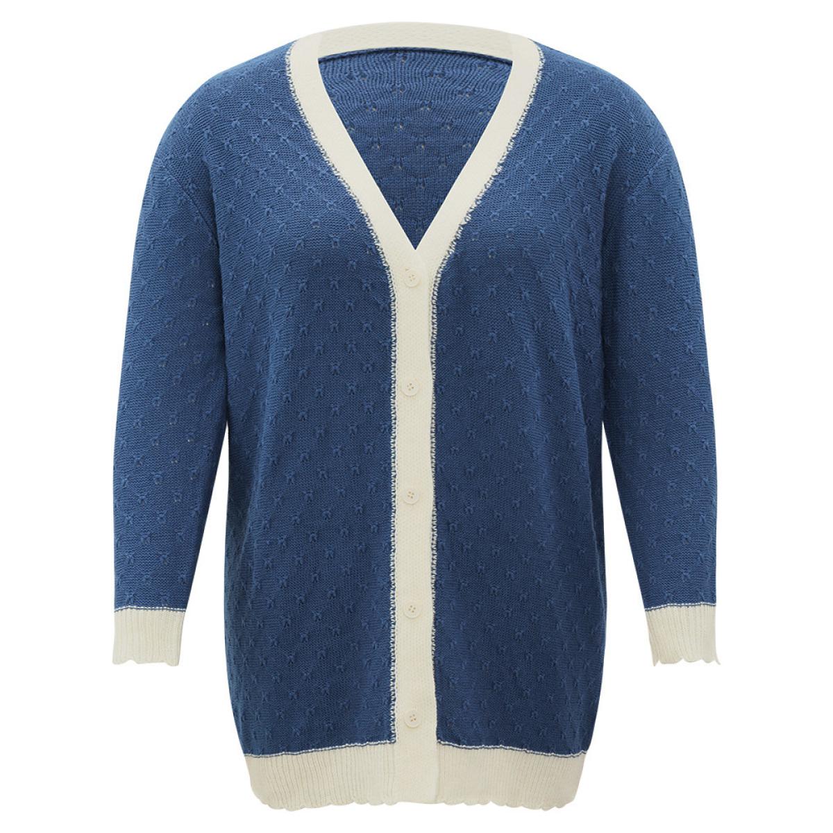 Plus Size Two Tone Textured Button Through Cardigan Aegean Women Casual Loose Long Sleeve Dailywear Cardigans BloomChic 12/L Product Image