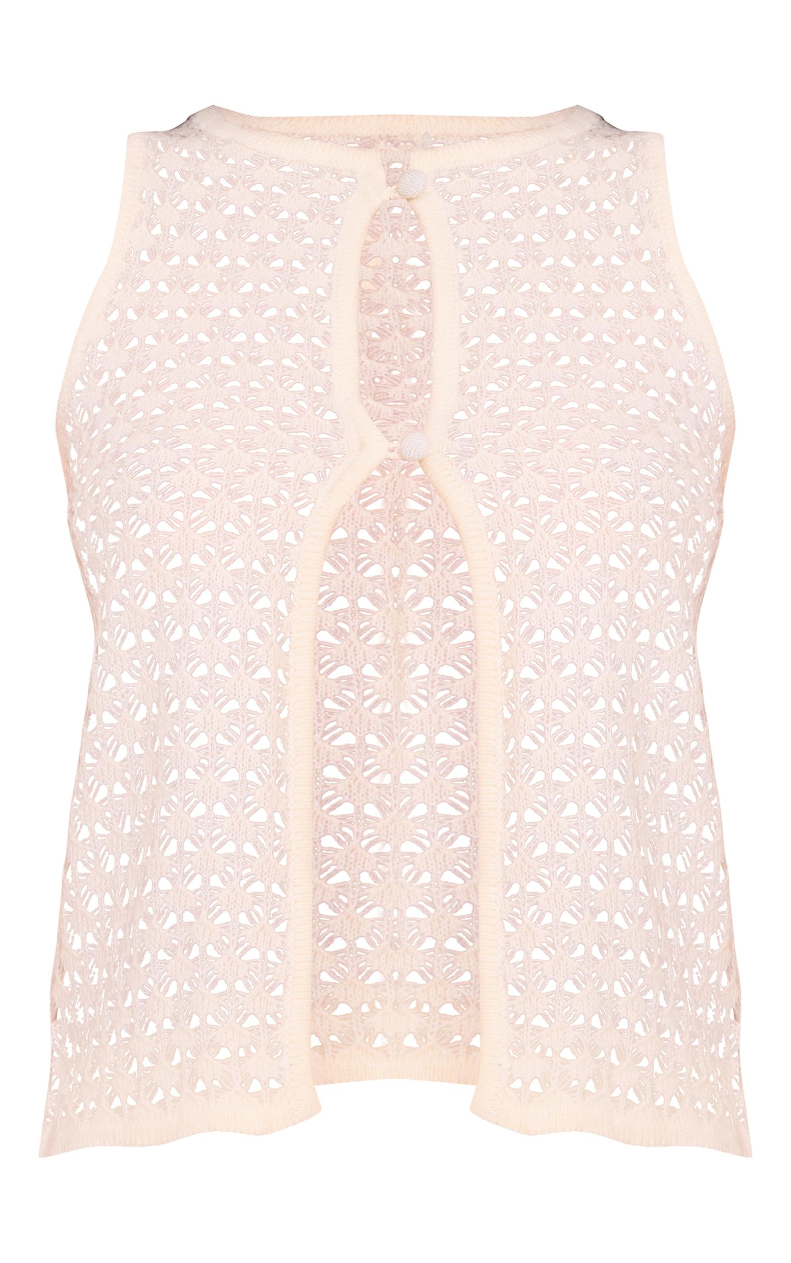  Ecru Crochet Knit Cut Out Pearled Button Vest Top Product Image