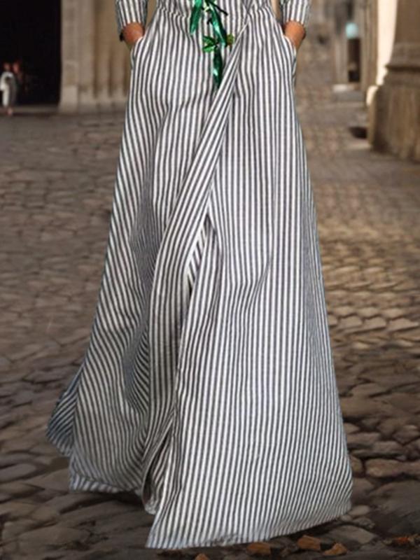 A-Line Loose Asymmetric Split-Joint Striped V-Neck Maxi Dresses Shirt Dress Product Image