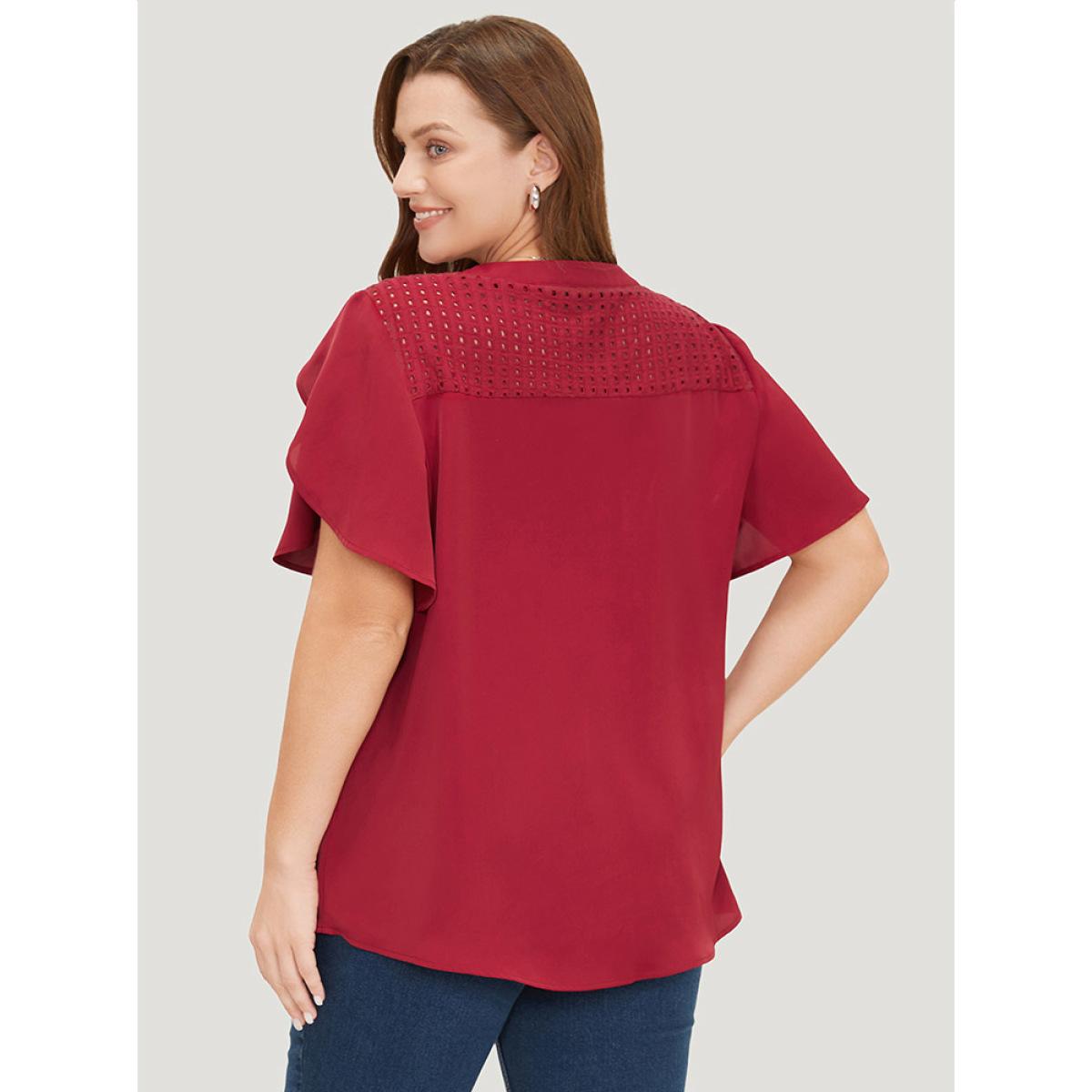 Plus Size Burgundy Plain Patchwork Cut Out Petal Sleeve Blouse Women Office Short sleeve Round Neck Work Blouses BloomChic 28/5X Product Image