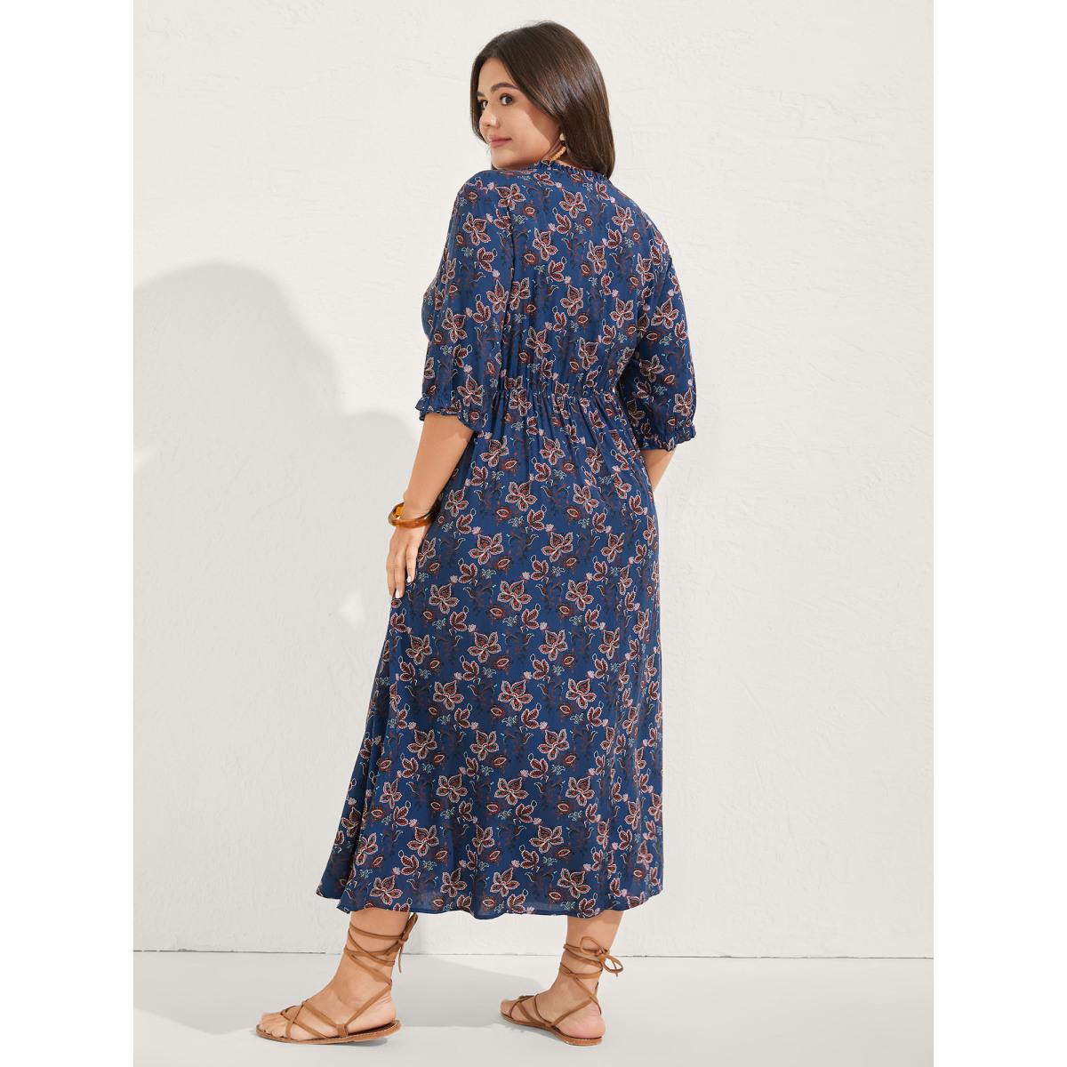 Plus Size Boho Floral Neck Tie Midi Dress DarkBlue Women Boho Notched collar Half Sleeve Curvy BloomChic 30/6X Product Image