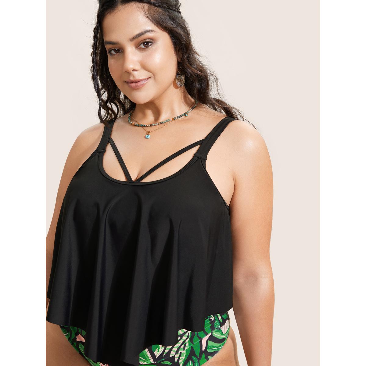 Plus Size Tropical Print Patchwork Crisscross One Piece Swimsuit Women's Swimwear Black Beach Gathered Curve Bathing Suits High stretch One Pieces BloomChic 26/4X Product Image