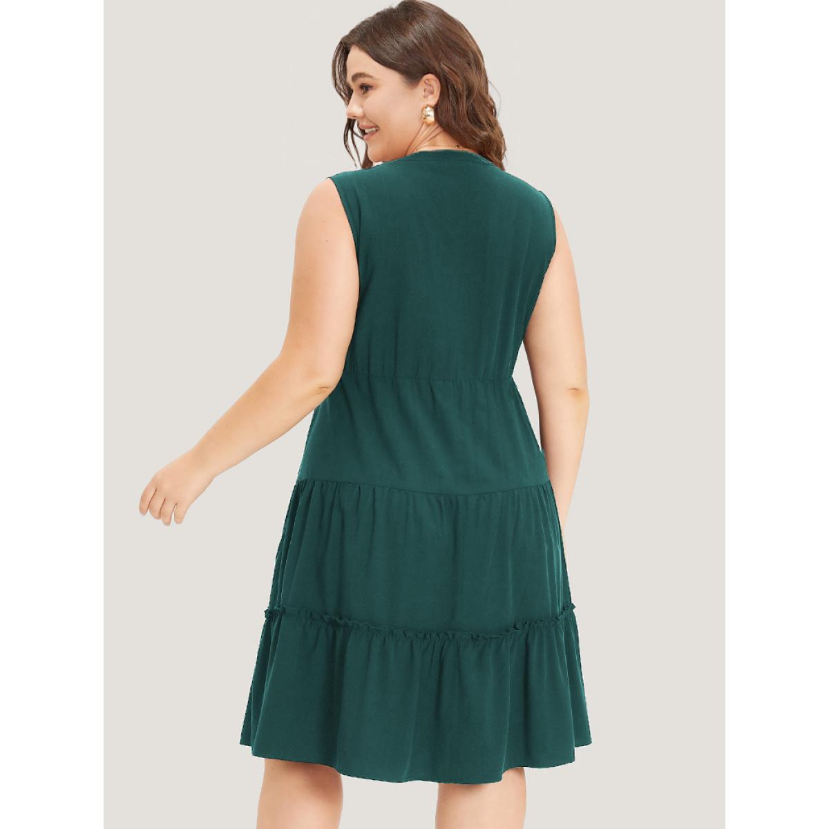 Plus Size Supersoft Essentials Notched Ruffle Layered Hem Sleeveless Dress Green Women Elegant Gathered V-neck Sleeveless Curvy Midi Dress BloomChic 18-20/2X Product Image