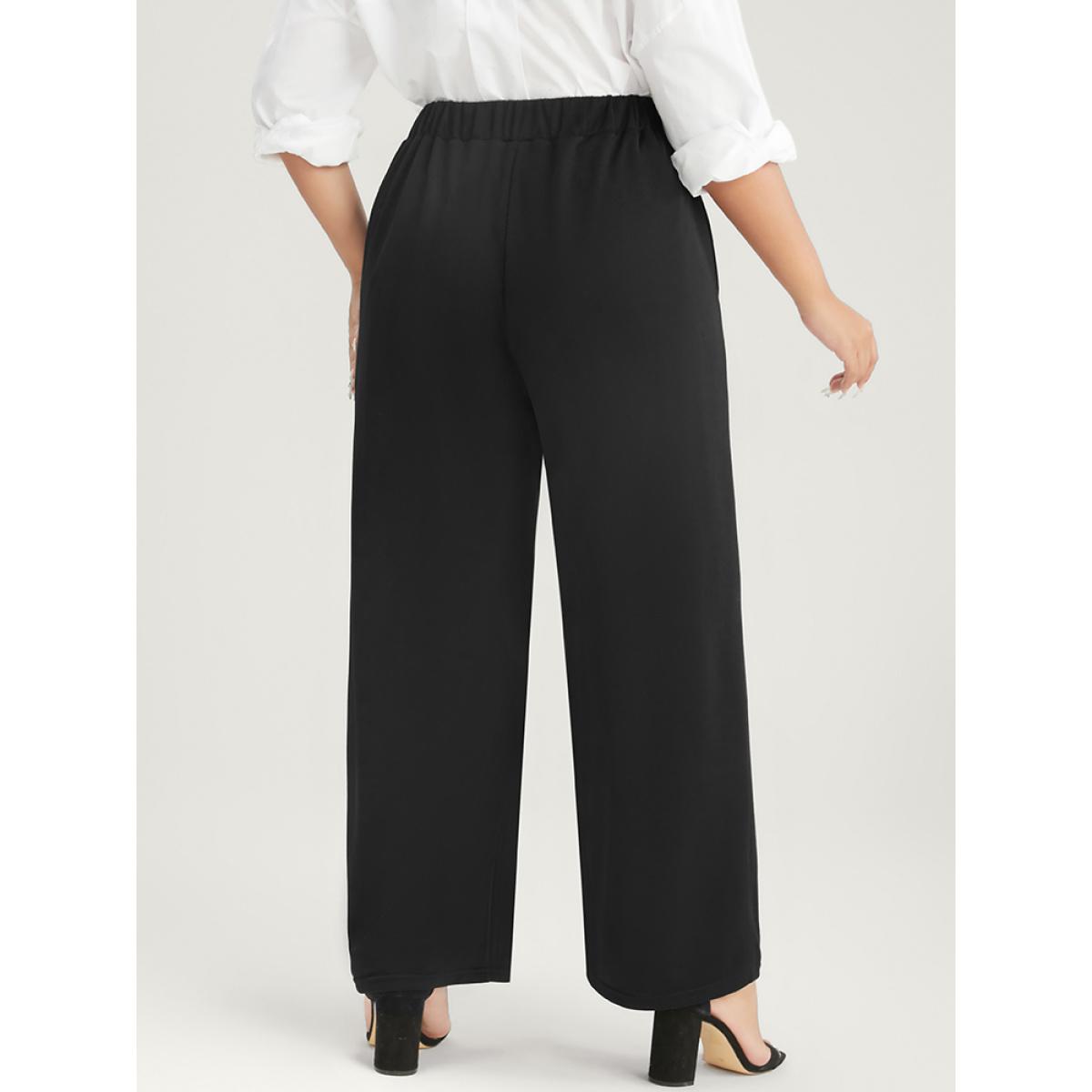 Plus Size Solid Button Detail Elastic Waist Pocket Pants Women Black Office High Rise Work Pants BloomChic 18-20/2X Product Image