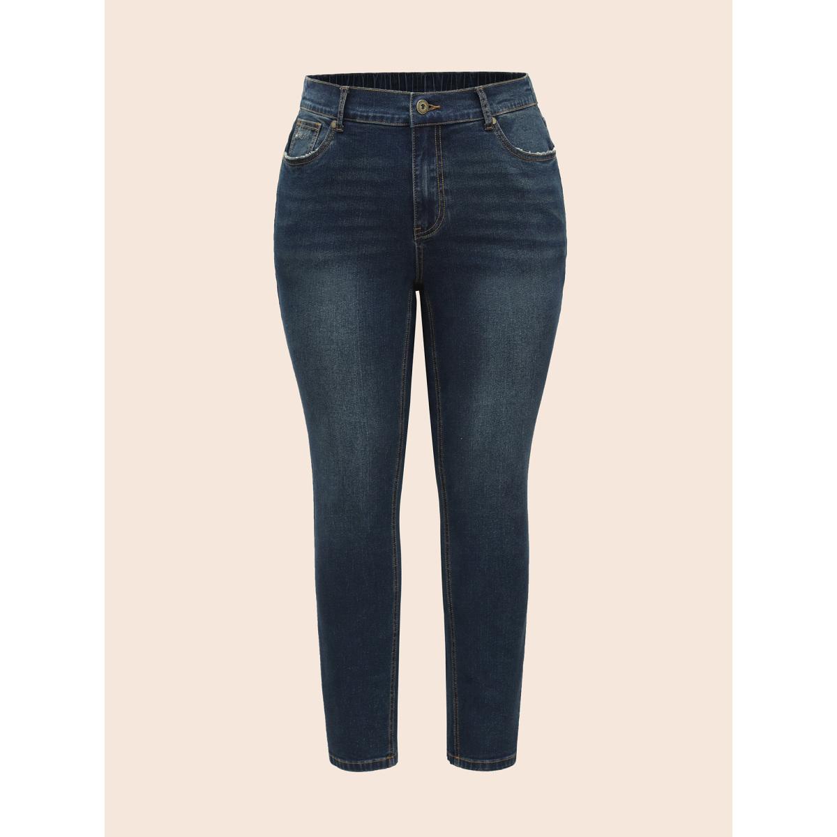 Plus Size Stretch Denim Pocket Distressing Slim-Fit Jeans Women Bluevintage Casual Button Medium stretch Slanted pocket Jeans BloomChic 16/1X Product Image