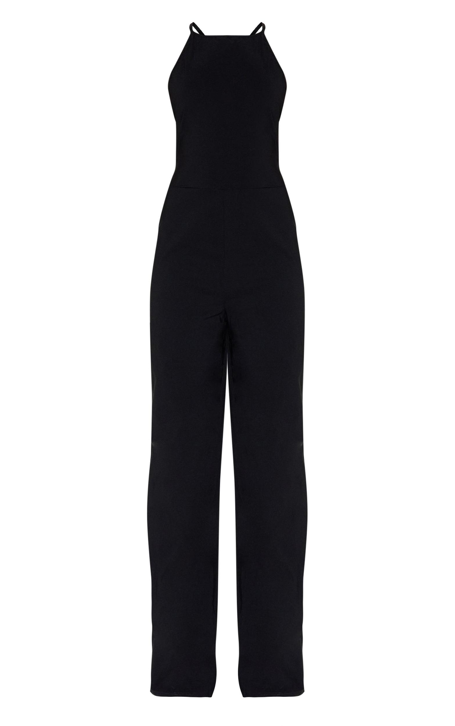 Black Stretch Woven Square Neck Wide Leg Jumpsuit Product Image