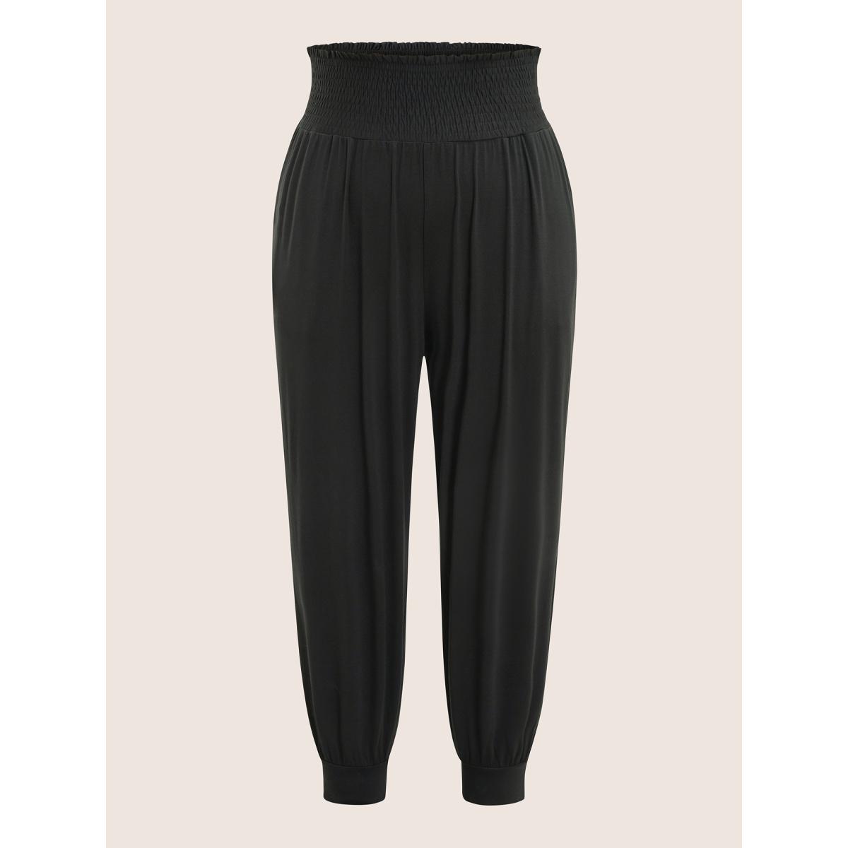 Plus Size Plain Shirred Pocket Elastic Waist Pants Women Black Casual Loose High Rise Everyday Pants BloomChic 28/5X Product Image