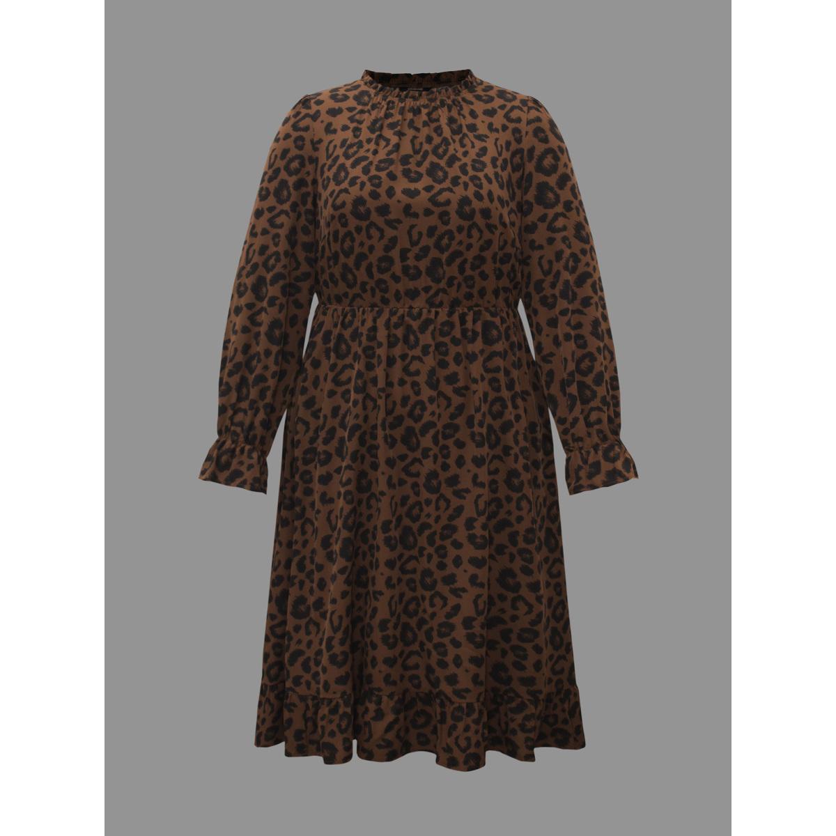 Plus Size Leopard Print Ruffles Mock Neck Elastic Waist Dress Browncoffeecolor Women Elegant Frill Trim Mock Neck Long Sleeve Curvy BloomChic 28/5X Product Image
