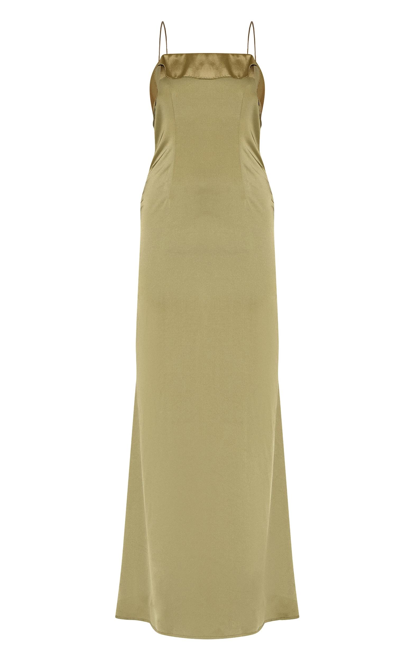 Sage Green Satin Draped Frill Back Detail Maxi Dress Product Image