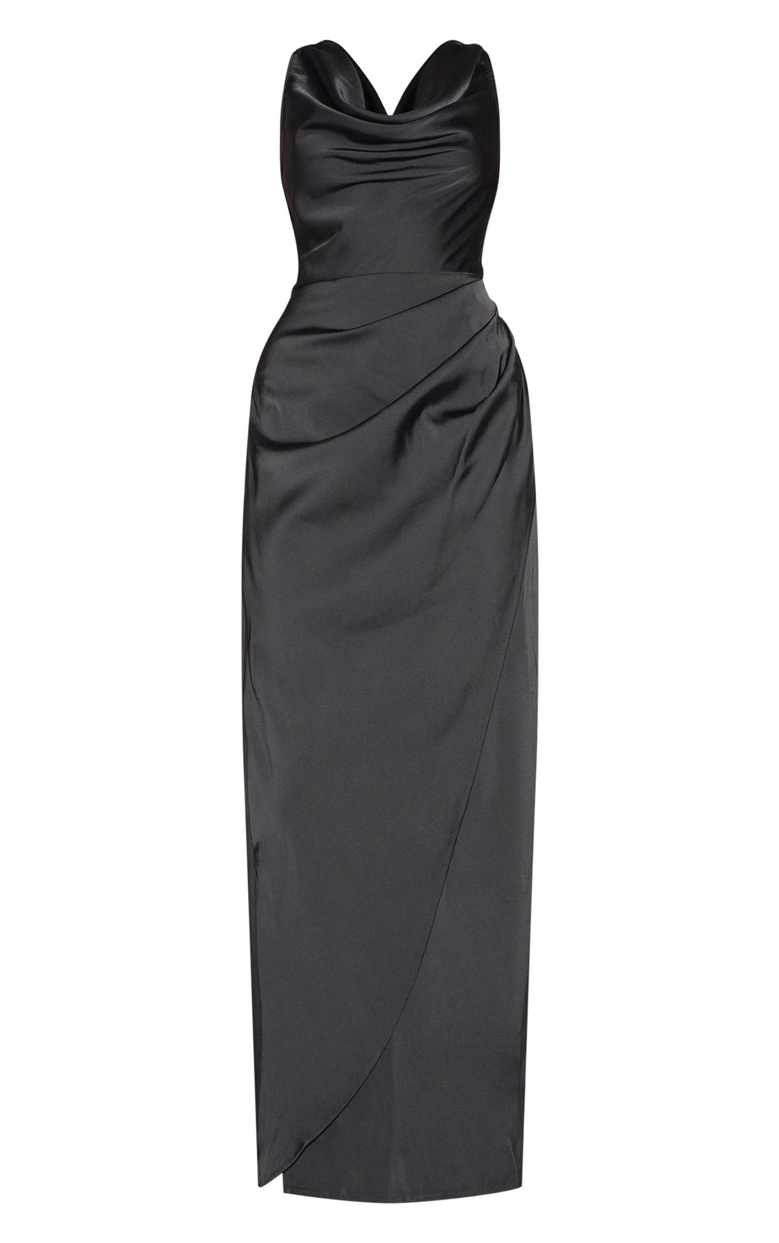 Black Satin Cowl Neck Draped Maxi Dress Product Image