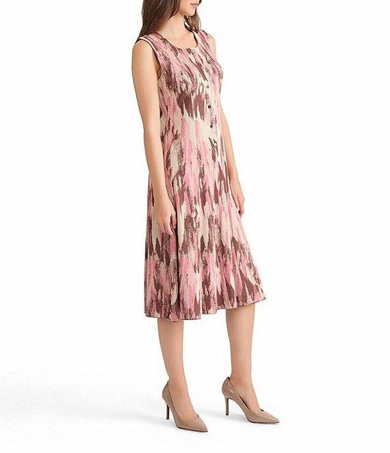 MISOOK Knit Jacquard Brushstroke Print Scoop Neck Sleeveless Button Front Fit And Flare Midi Dress Product Image