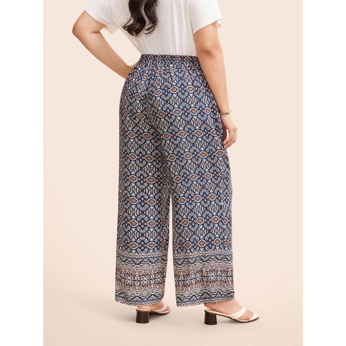 Plus Size Boho Print Elastic Waist Wide Leg Pants Women Indigo Resort Wide Leg Mid Rise Vacation Pants BloomChic 30/6X Product Image