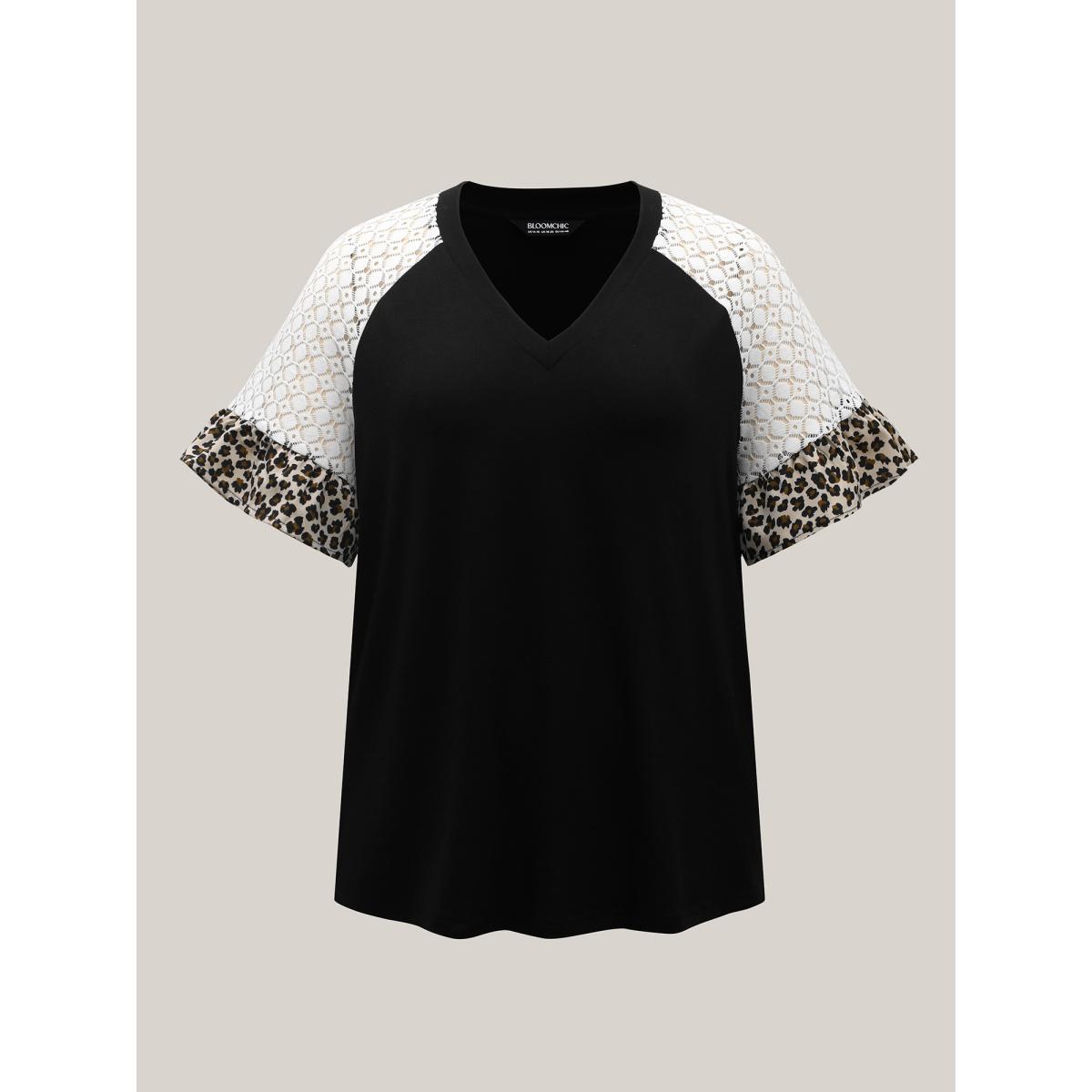 Plus Size Textured Leopard Print Contrast Plain T-Shirt Black Women Casual See through V-neck Everyday-Casual T-shirts BloomChic 30/6X Product Image