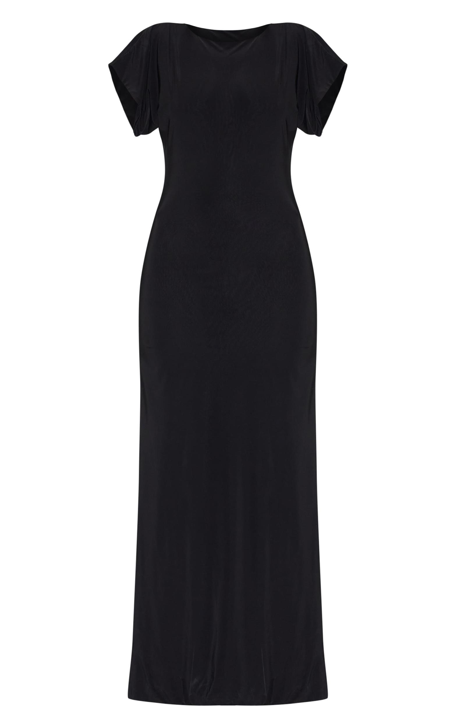 Black Double Layered Slinky Ruched Short Sleeve Maxi Dress Product Image