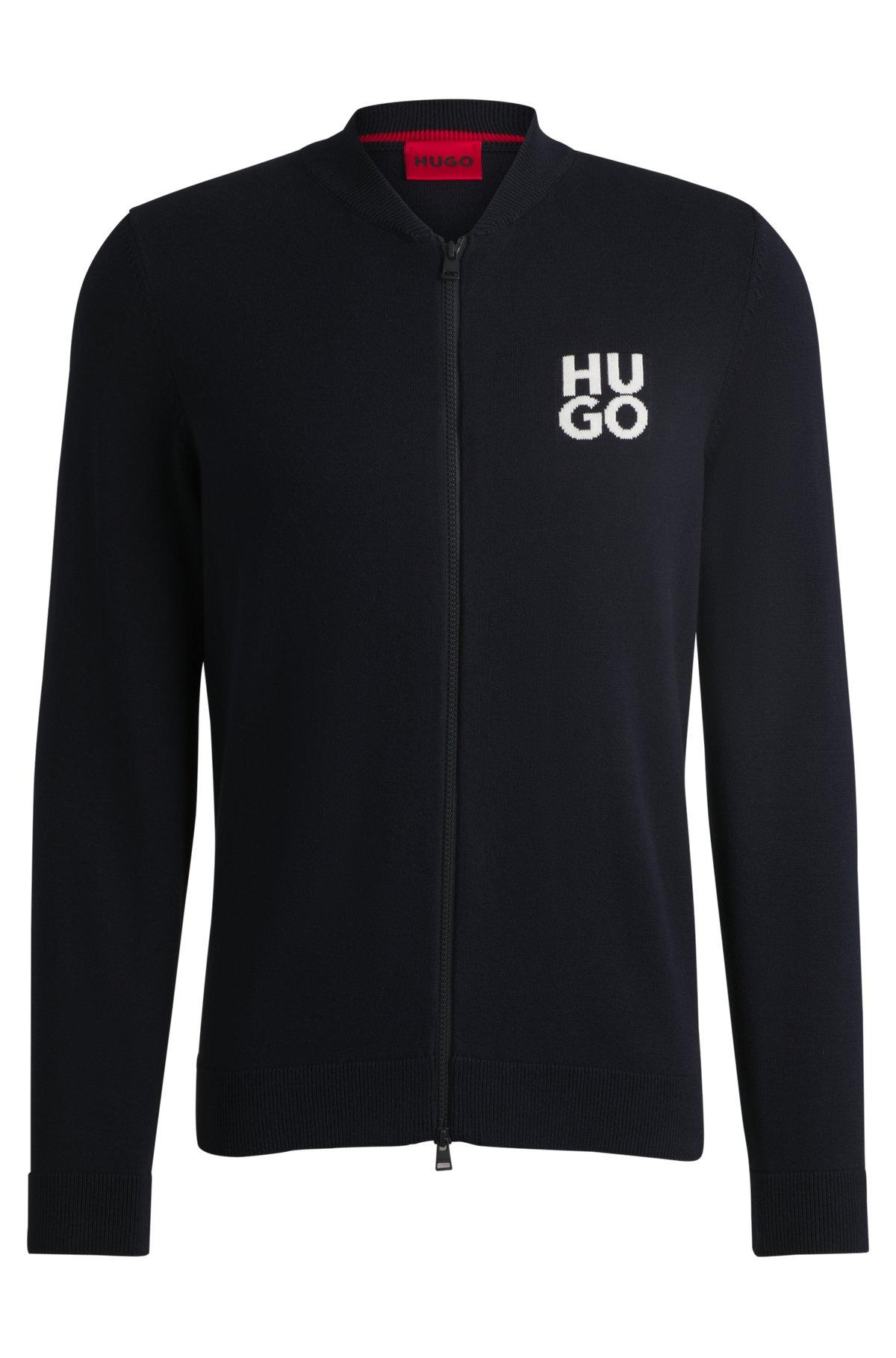 Zip-up cardigan in cotton with stacked logo Product Image