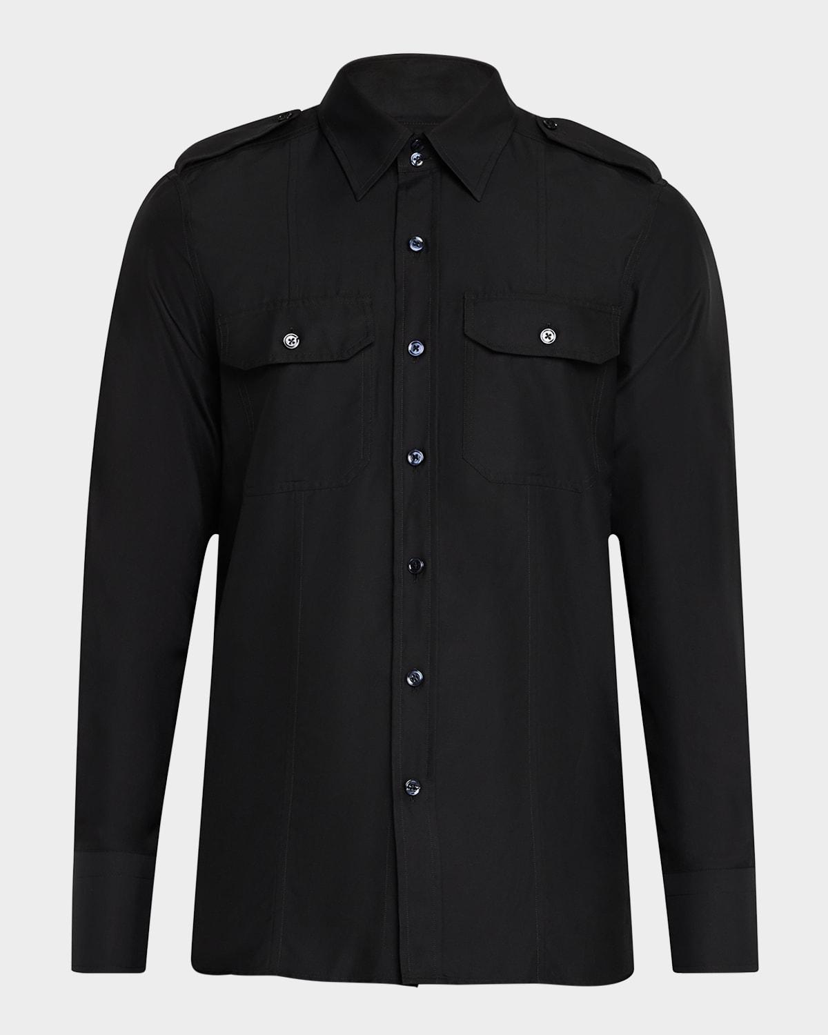 Mens Cotton and Silk Military Casual Button-Down Shirt Product Image