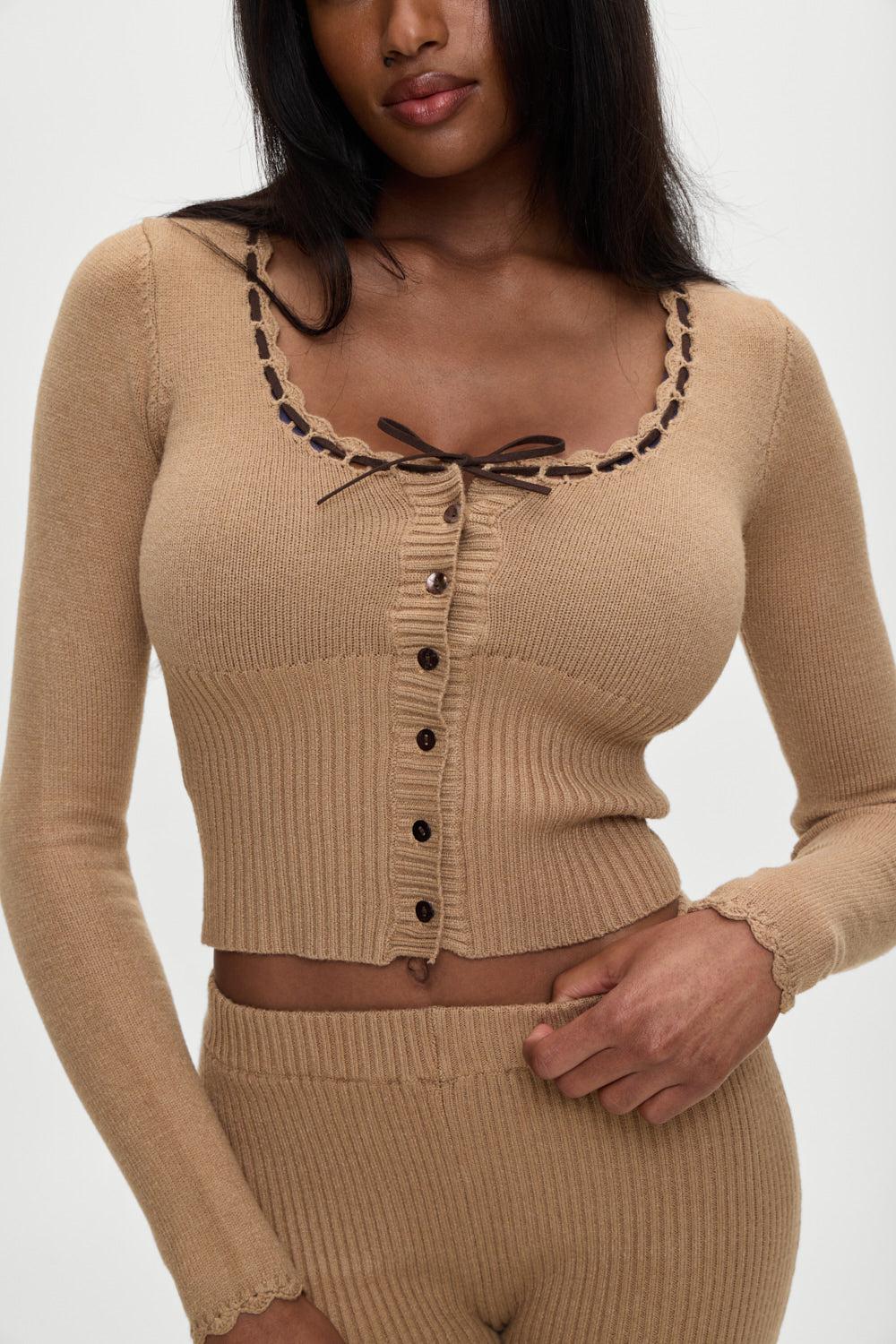 x BELLA HADID Texas Knit Cardigan - Caramel Product Image