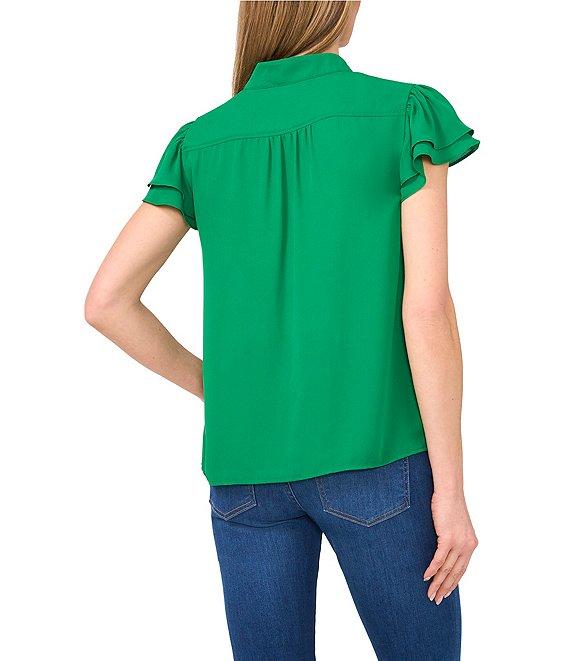 CeCe Woven Mandarin Collar Flutter Short Sleeve Blouse Product Image