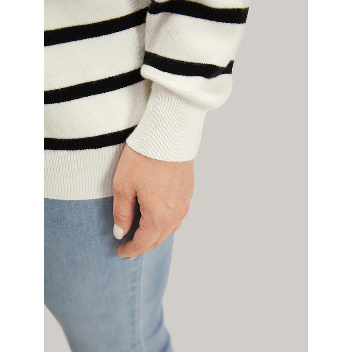 Plus Size Supersoft Essentials Striped Heart Keyhole Mesh Pullover Ivory Women Casual Loose Long Sleeve Round Neck Dailywear Pullovers BloomChic 26/4X Product Image