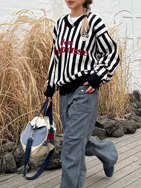 American Retro Striped V-Neck Sweater Product Image