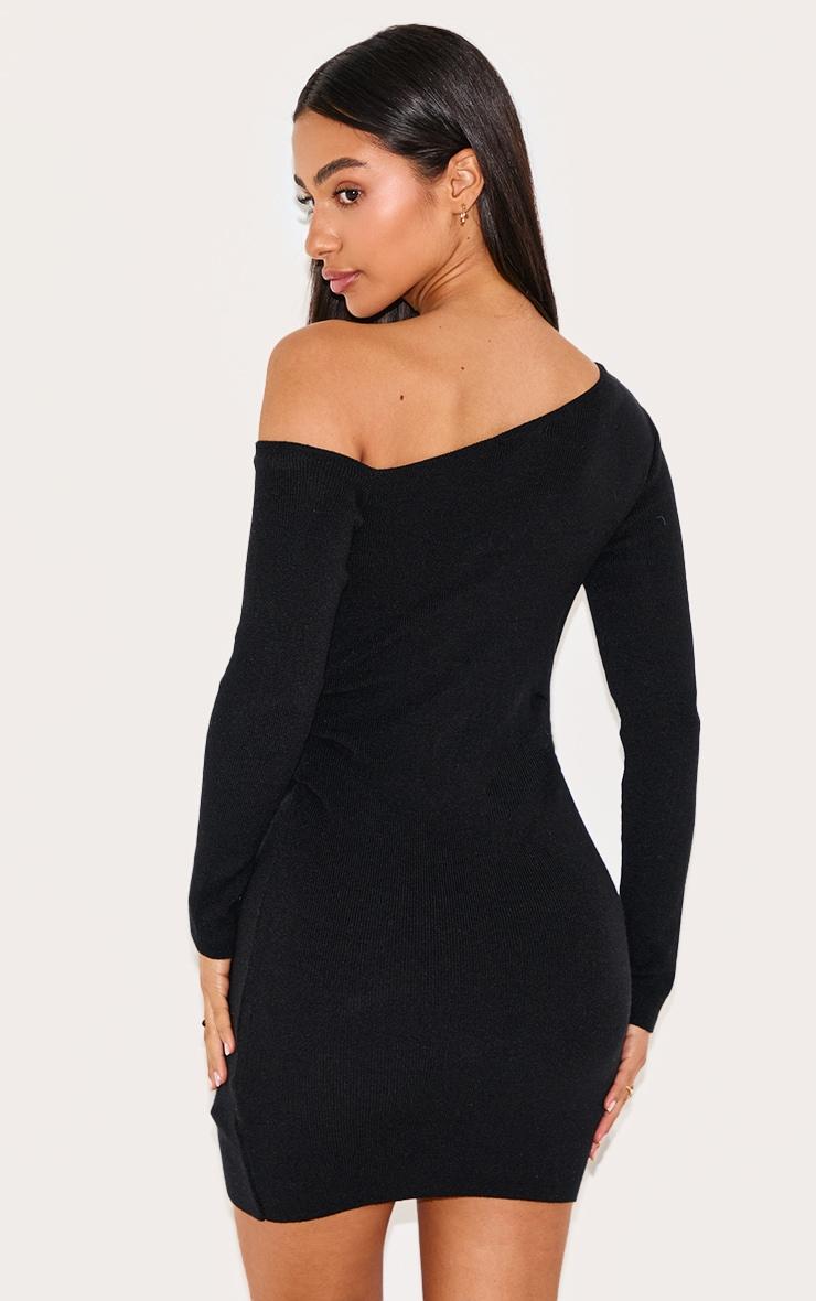 Petite Black Asymmetric Shoulder Ribbed Mini Dress Product Image