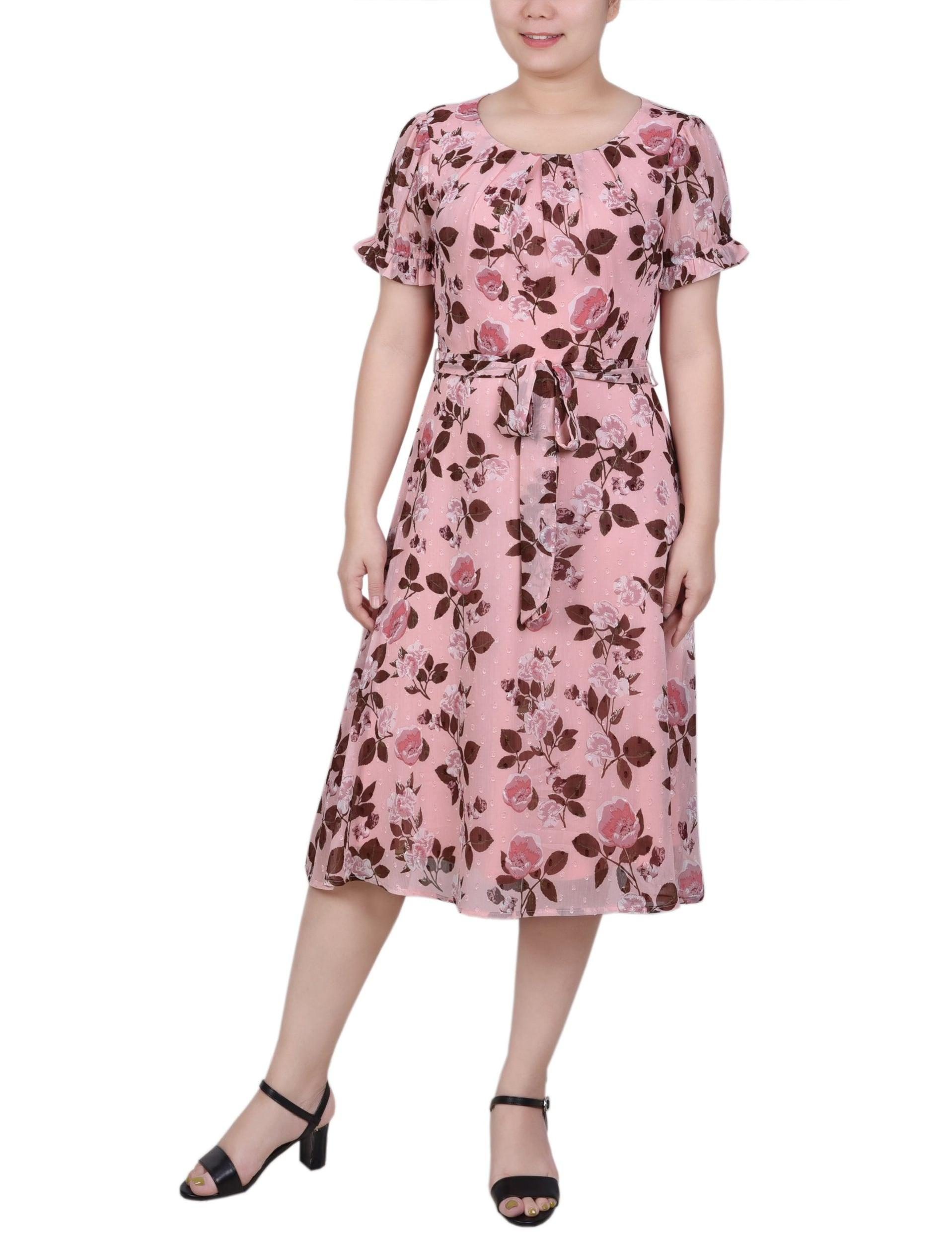 Mauve Floral Short Sleeve Belted Swiss Dot Dress - Petite Product Image