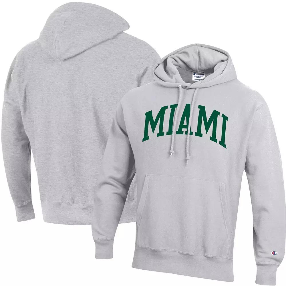 Men's Champion Heathered Gray Miami Hurricanes Team Arch Reverse Weave Pullover Hoodie,  Product Image