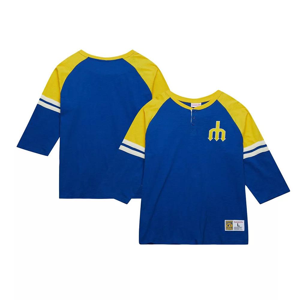 Men's Mitchell & Ness Royal Seattle Mariners Cooperstown Collection Legendary Raglan Slub Henley 3/4-Sleeve T-Shirt, Size: XL, Blue Product Image