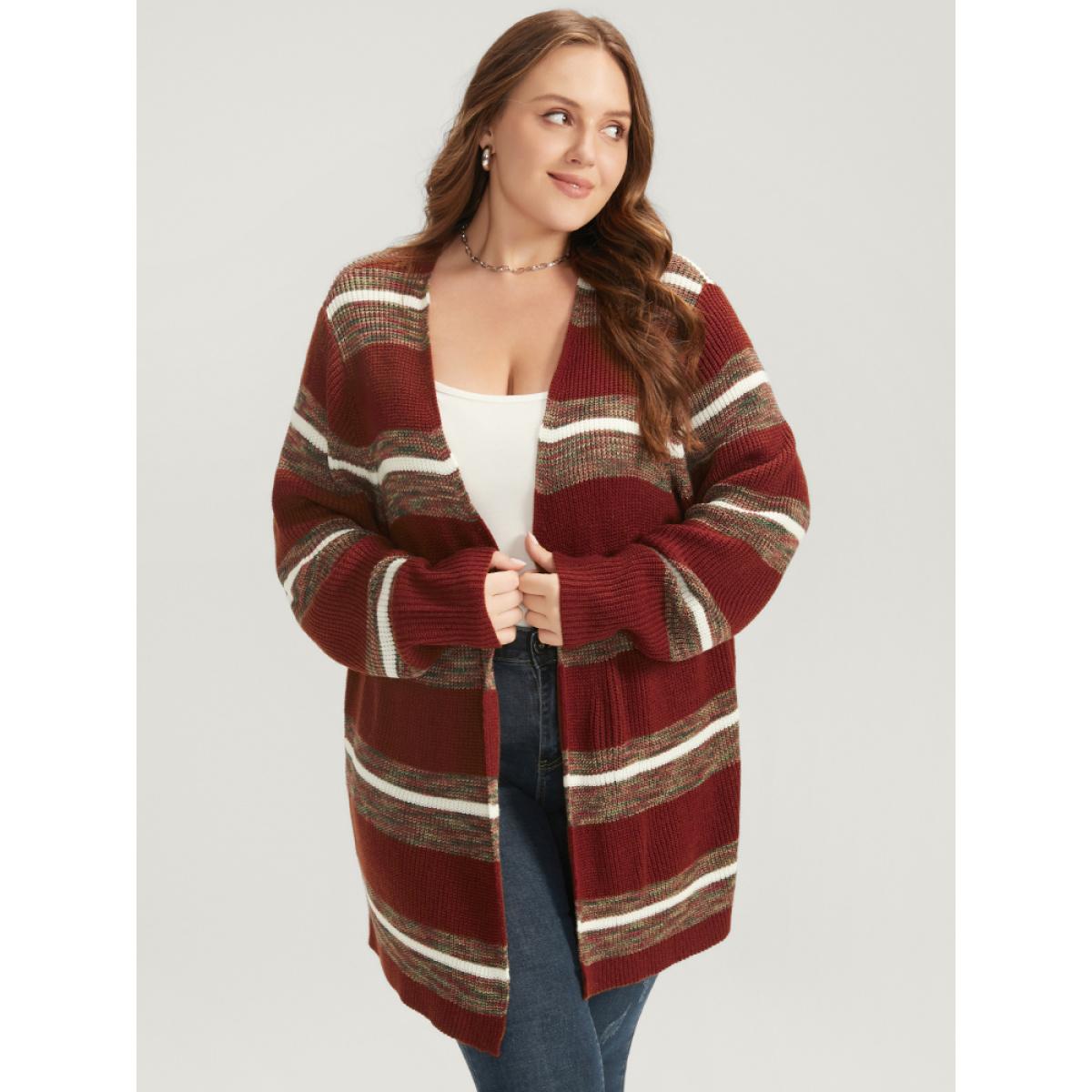 Plus Size Striped Contrast Pointelle Knit Open Front Heather Cardigan Burgundy Women Casual Loose Long Sleeve Dailywear Cardigans BloomChic 26/4X Product Image