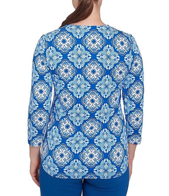 Ruby Rd. Knit Printed Round Split V-Neck 3/4 Sleeve Top Product Image
