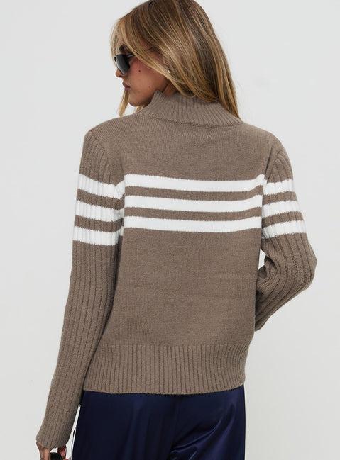 Bessemer Funnel Neck Knit Sweater Mocha Stripe Product Image