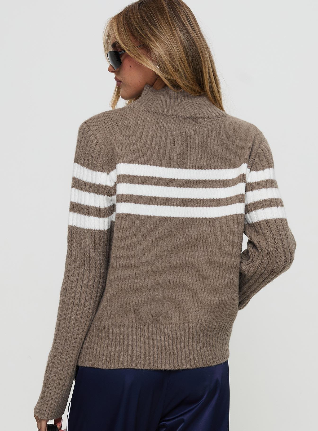 Bessemer Funnel Neck Knit Sweater Mocha Stripe Product Image